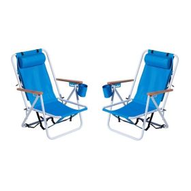 Folding Beach Chair Set of 2 for Adults, 4 Position Portable Backpack Foldable  Blue