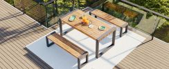 GO 3-pieces Outdoor Dining Table With 2 Benches, Patio Dining Set With Unique Top Texture, Acacia Wood Top & Steel Frame, All Weather Use