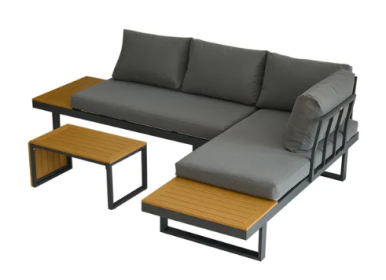 Aluminum Patio Furniture Set, Outdoor L-Shaped Sectional Sofa with Plastic Wood Side Table and Soft Cushion for Backyard Poolside