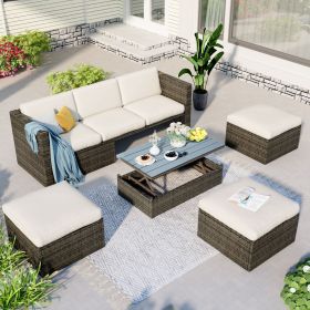 Patio Furniture Sets, 5-Piece Patio Wicker Sofa with Adjustable Backrest, Cushions, Ottomans and Lift Top Coffee Table (Color: Beige)