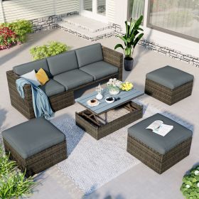 Patio Furniture Sets, 5-Piece Patio Wicker Sofa with Adjustable Backrest, Cushions, Ottomans and Lift Top Coffee Table (Color: Gray)
